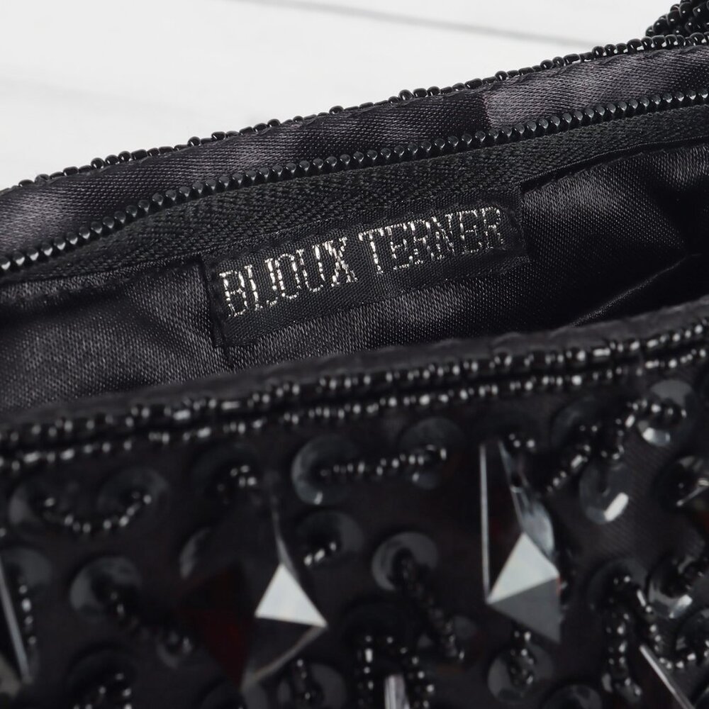 Vintage 90s Bijoux Terner Black Satin Beaded Mini Bag - Picture 5 of 10